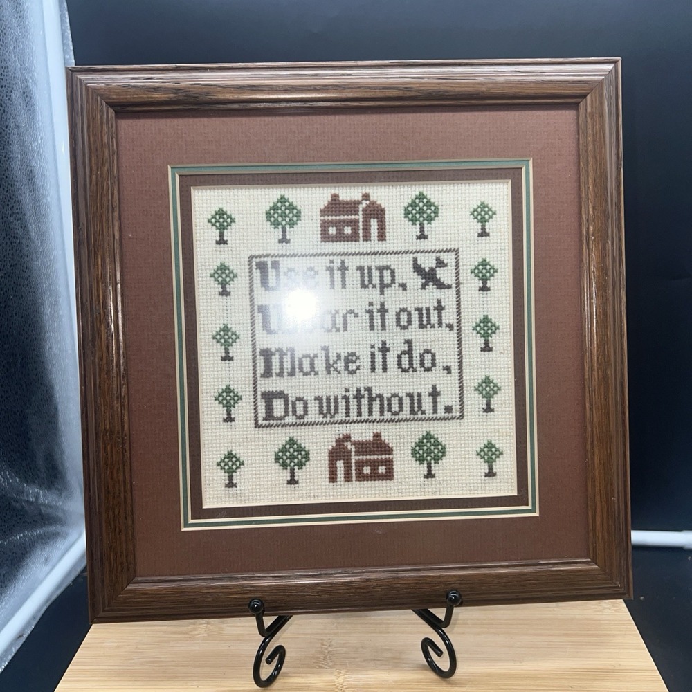 Vtg Hand crafted cross stitch sampler framed ready to hang folk art Cottagecore
